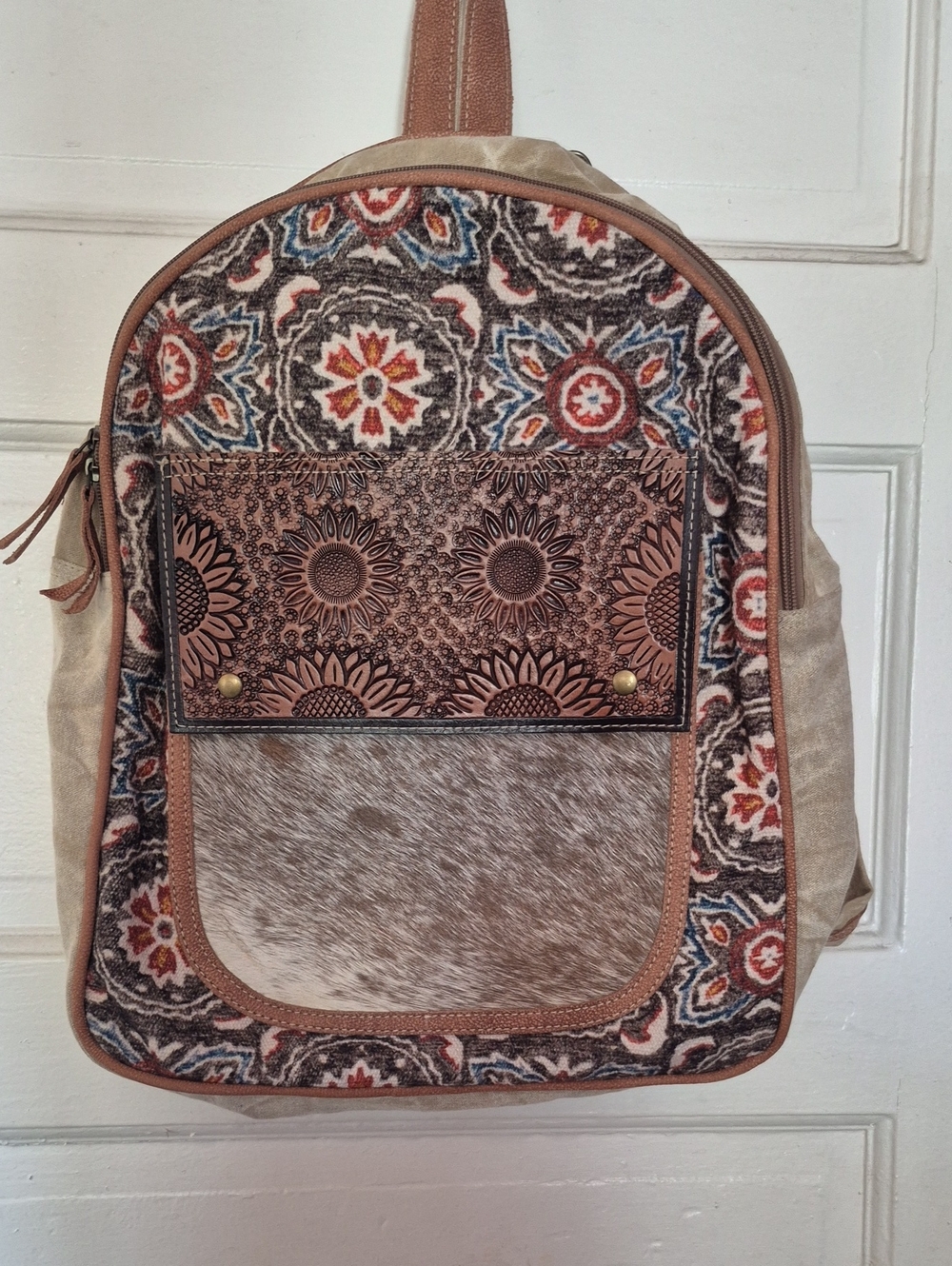Boho Printed Canvas Backpack with Floral Tooled Leather Pocket - Multicolor